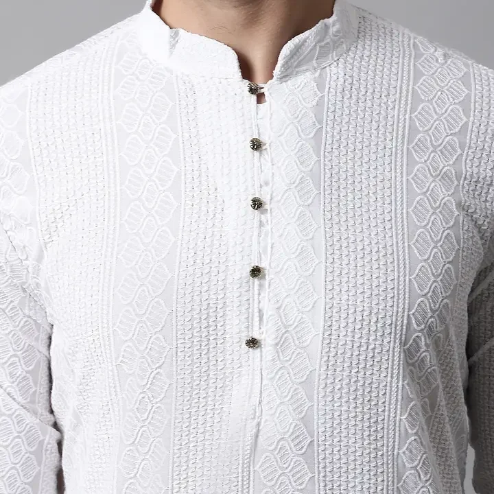 Jompers Men White Cotton Embroidered Chikankari Republic Day Republic Day Kurta