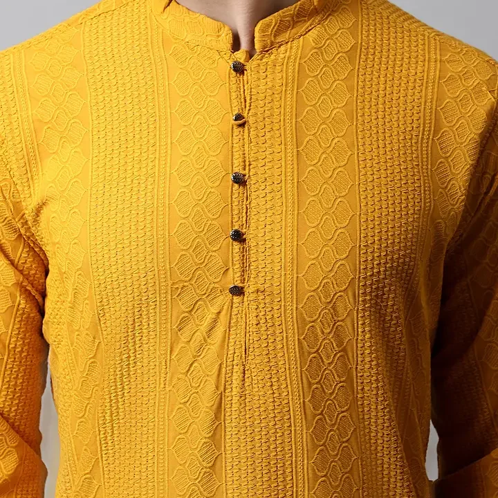Jompers Men Mustard Yellow Embroidered Pure Cotton Kurta