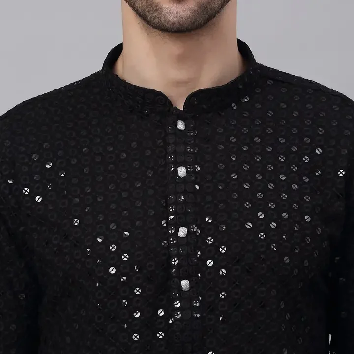 Jompers Men Black Floral Embroidered Sequined Cotton Kurta