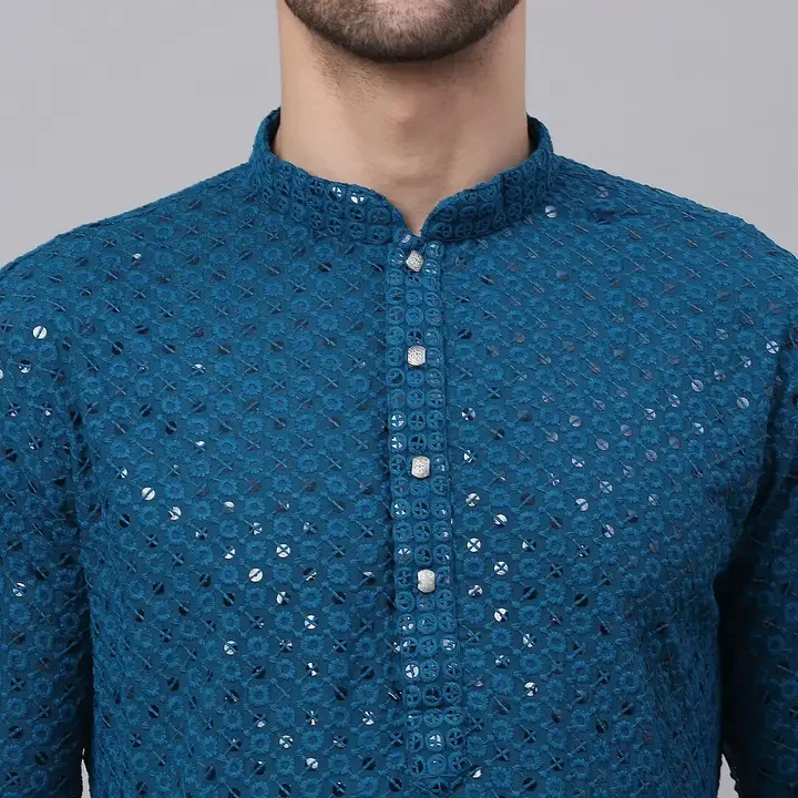 Jompers Men Teal Floral Embroidered Sequined Kurta