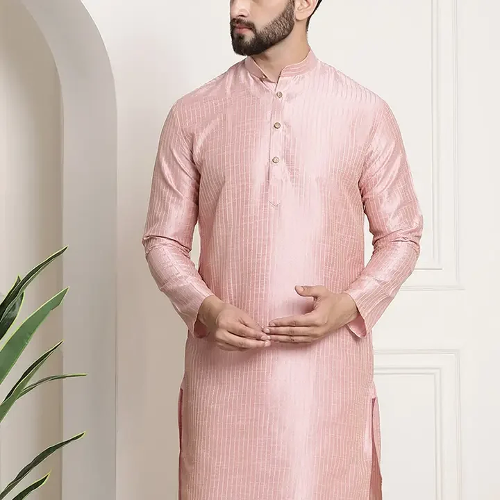 SOJANYA Men Woven Design Jacquard Straight Kurta, Pink
