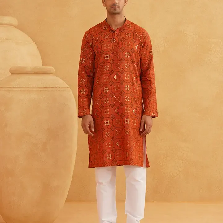 SOJANYA Men Orange & Black Geometric Printed Kurta