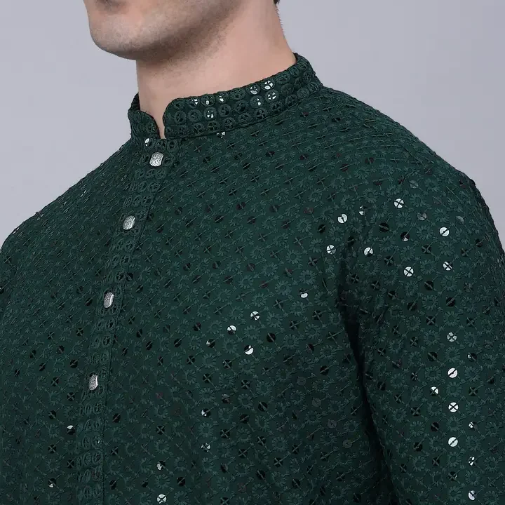 Jompers Men Ethnic Motifs Embroidered Mirror Work Cotton Republic Day Republic Day Kurta, Green
