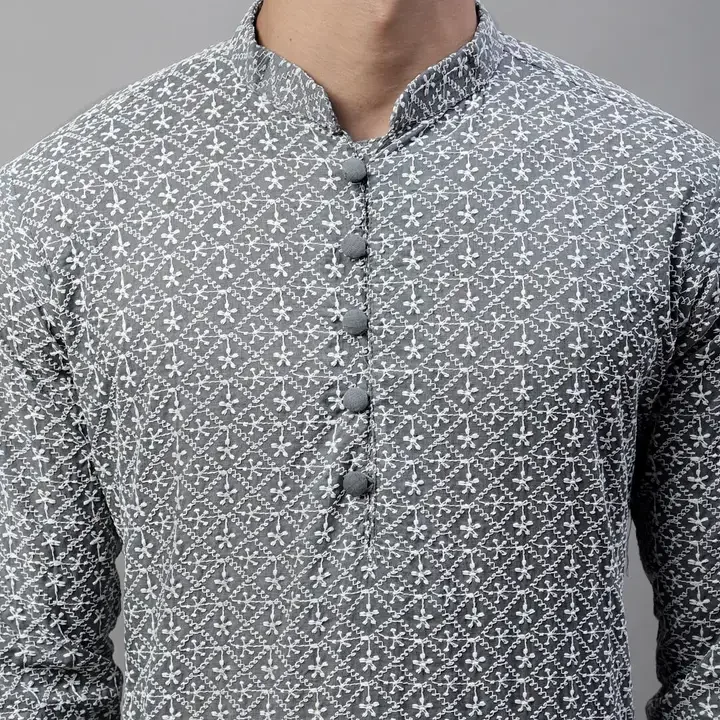 Jompers Embroidered Mandarin Collar Chikankari Kurta, Grey
