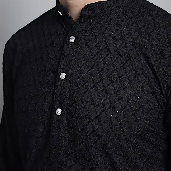 Jompers Geometric Embroidered Straight Pure Cotton Kurta, Black