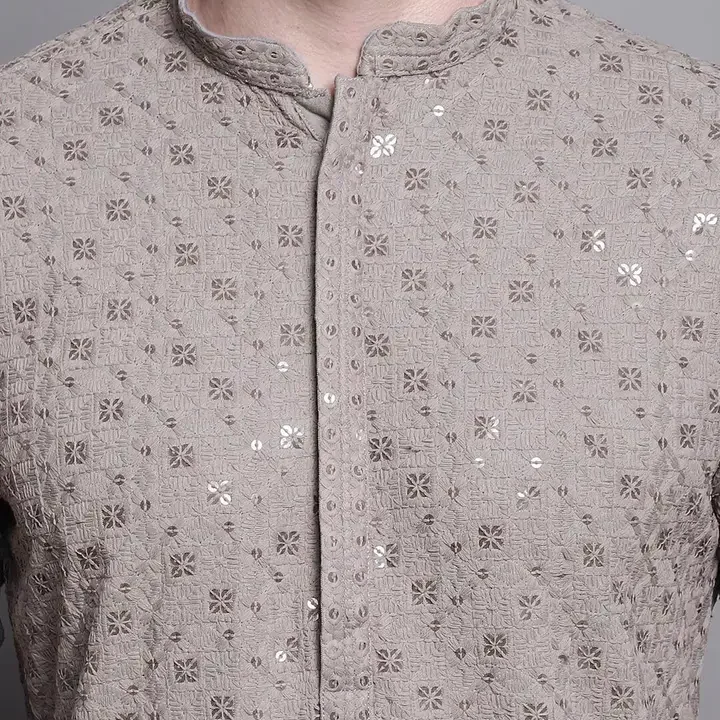 Jompers Floral Embroidered Thread Work Sequinned Pure Cotton Kurta, Grey