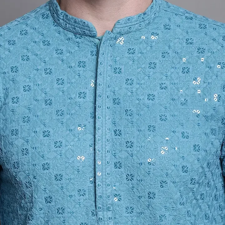 Jompers Geometric Embroidered Thread Work Sequinned Republic Day Republic Day Kurta, Blue