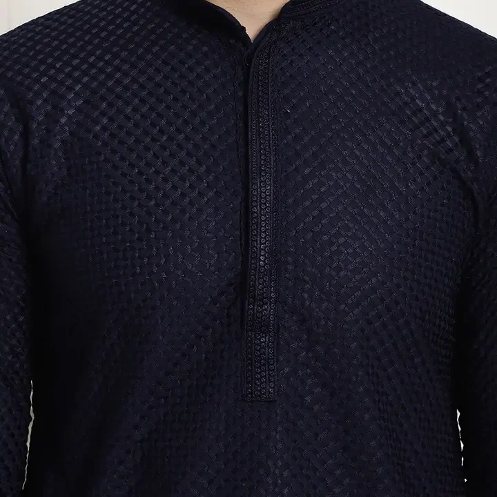 SOJANYA Geometric Embroidered Thread Work Pure Cotton Straight Kurta, Navy Blue