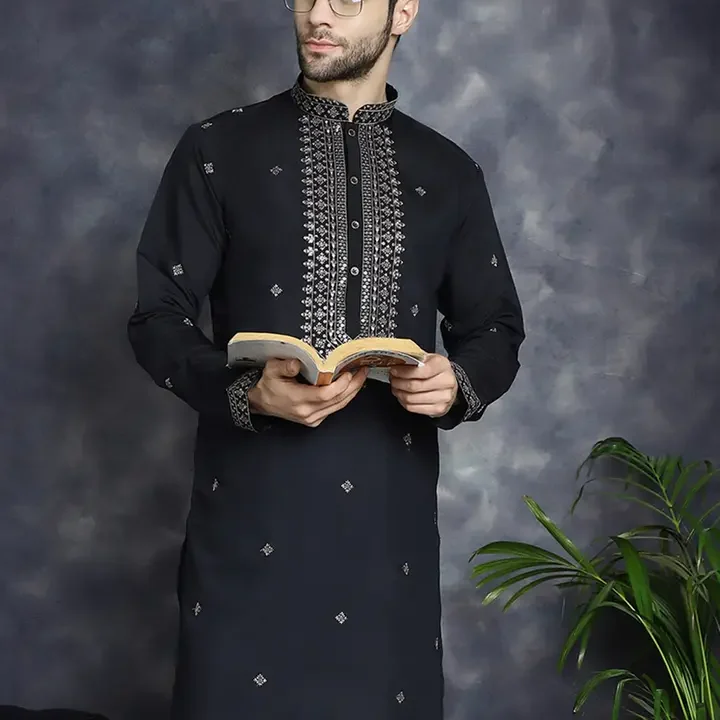Jompers Mandarin Collar Sequins Embroidered Kurta, Black