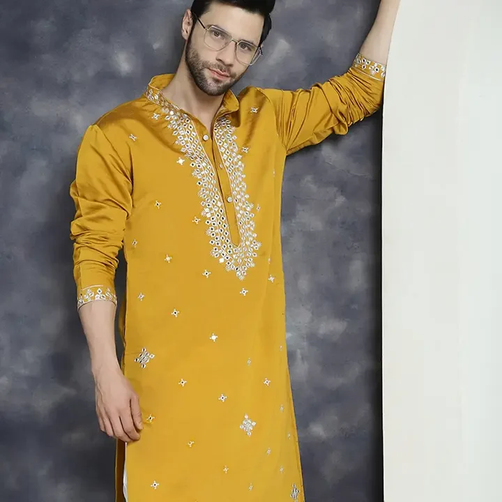 Jompers Geometric Embroidered Mandarin Collar Mirror Work Cotton Silk Straight Kurta, Mustard