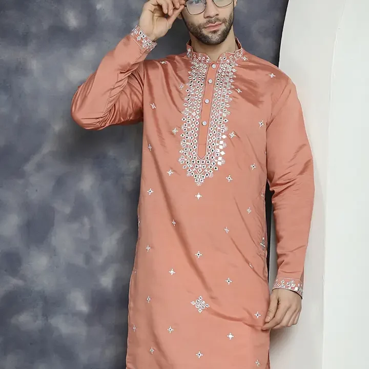Jompers Embroidered Mandarin Collar Thread Work Kurta, Peach