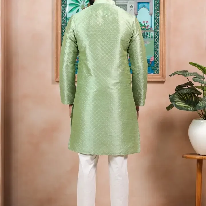 Koshin Geometric Woven Design Mandarin Collar Jacquard Straight Kurta, Sea Green
