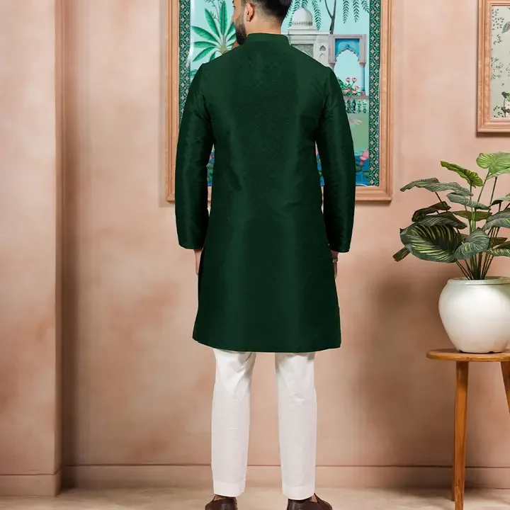 Koshin Geometric Embroidered Mandarin Collar Long Sleeves Thread Work Straight Kurta, Green