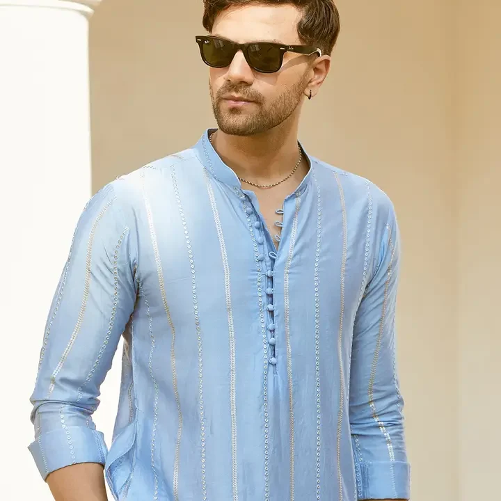 See Designs Abstract Embroidered Mandarin Collar Sequins Chanderi Silk Straight Kurta, Turquoise Blue