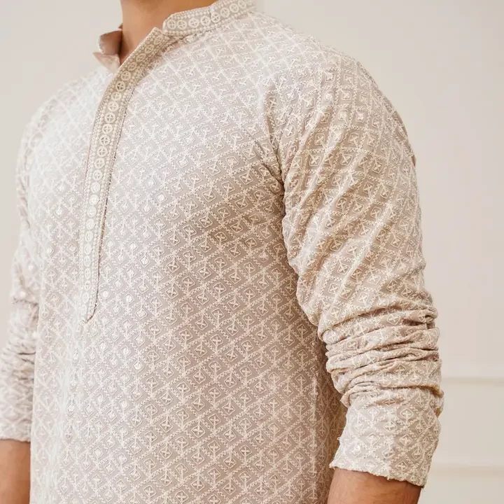 Jompers Ethnic Motifs Embroidered Mandarin Collar Straight Kurta, Beige