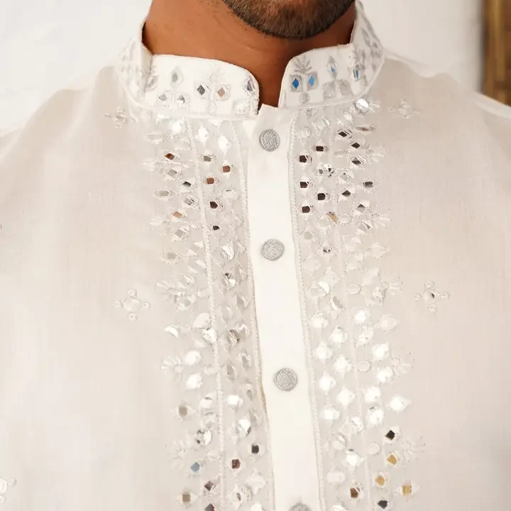 Jompers Floral Embroidered Mirror Work Mandarin Collar Cotton Silk Straight Republic Day Republic Day Kurta, White