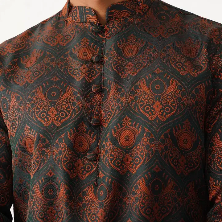 Jompers Ethnic Motifs Printed Mandarin Collar Silk & Cotton Straight Kurta, Black