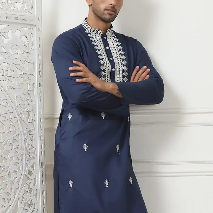 Jompers Floral Embroidered Mandarin Collar Thread Work Straight Kurta, Navy Blue