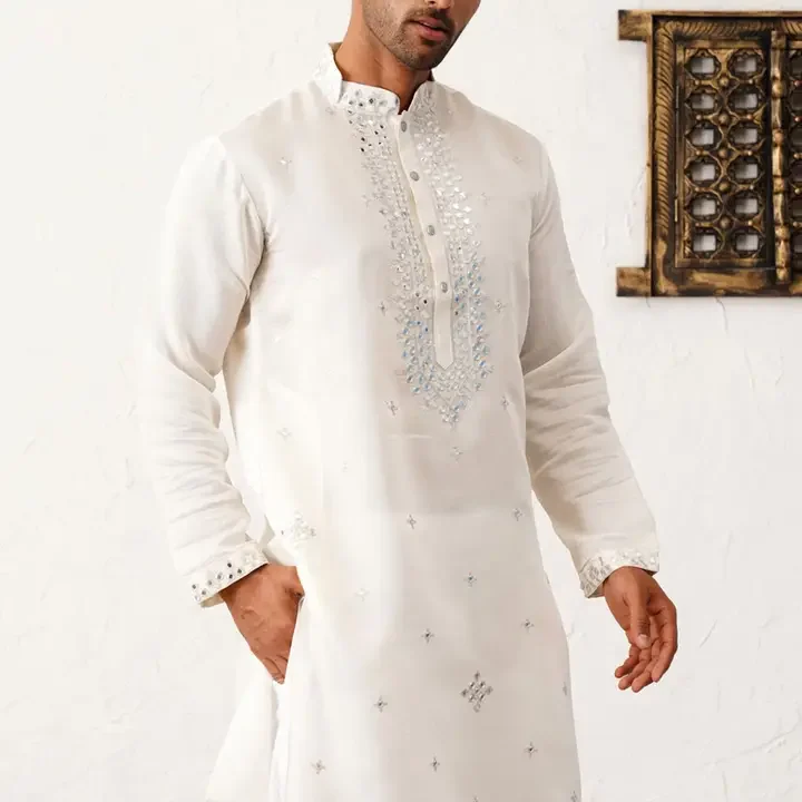 Jompers Geometric Embroidered Mirror Work Republic Day Republic Day Kurta Straight Republic Day Republic Day Kurta, White