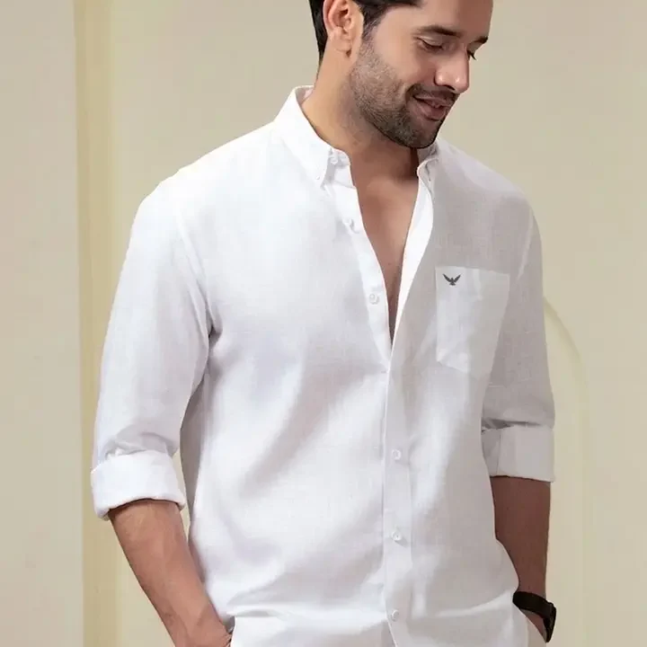 Perch Men White Linen Cotton Button Down Solid Shirt
