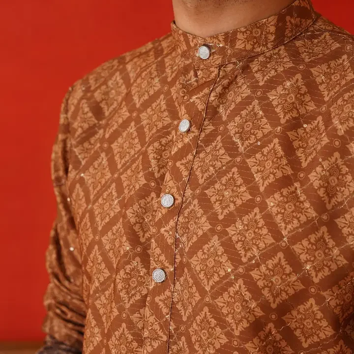 Jompers Men Floral Printed Sequinned Floral Kurta, Brown