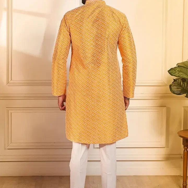 Koshin Men Embroidered Sequinned Jacquard Kurta, Yellow