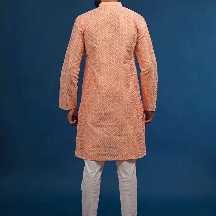 Koshin Men Sequinned Jacquard Kurta, Peach