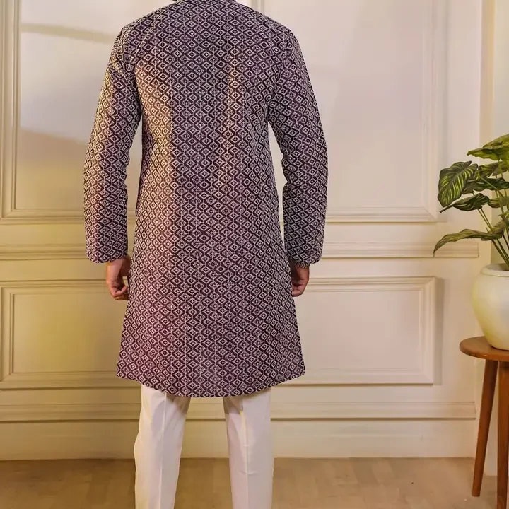 Koshin Men Sequinned Jacquard Kurta, Purple