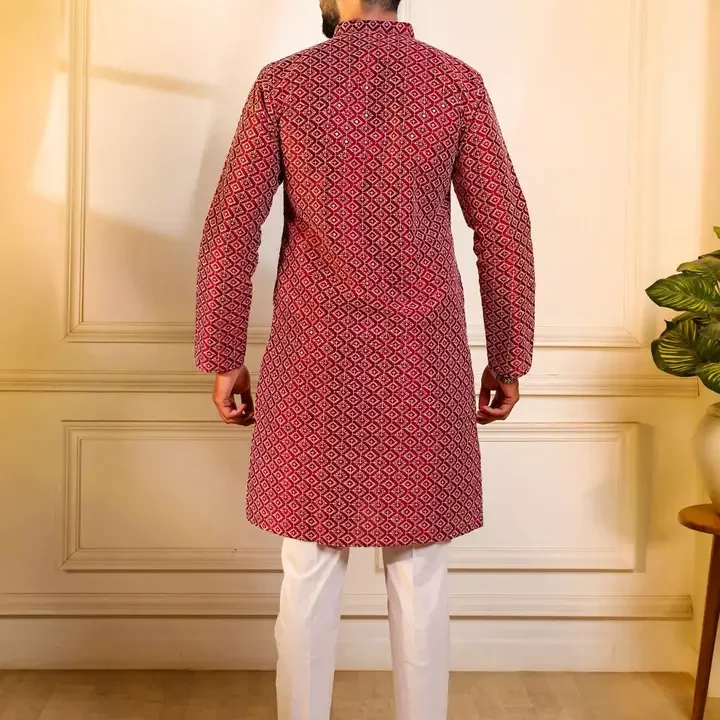 Koshin Men Printed Flared Sleeves Sequinned Jacquard Kurta, Maroon