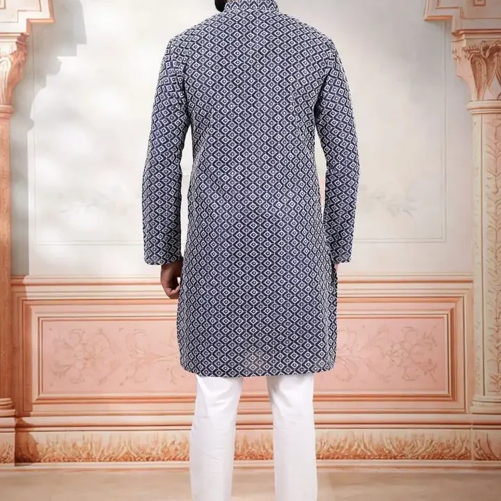 Koshin Men Sequinned Jacquard Kurta, Navy Blue