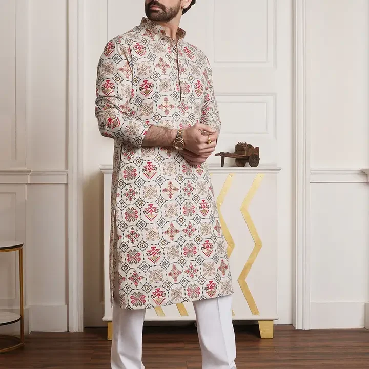 SOJANYA Ethnic Motifs Printed Band Collar Straight Kurta, Cream
