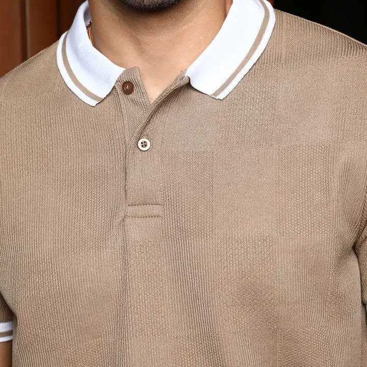 CAHOOT Men Self Design Polo Collar Cotton T-shirt, Beige