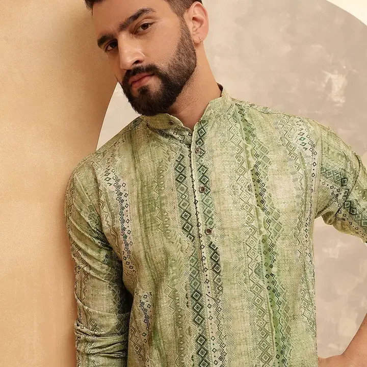 SOJANYA Ethnic Motifs Printed Band Collar Cotton Silk Straight Kurta, Green