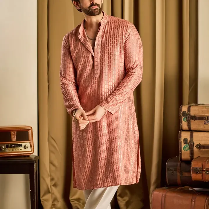 SOJANYA Men Embroidered Thread Work Kurta, Coral