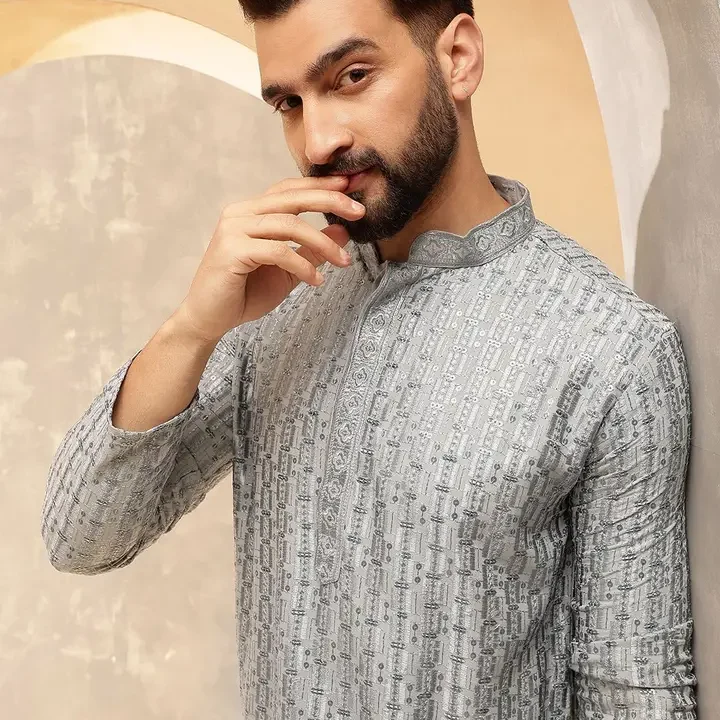 SOJANYA Men Embroidered Thread Work Republic Day Republic Day Kurta, Blue