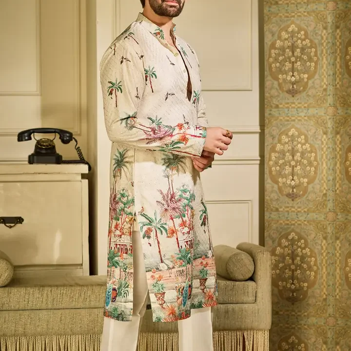 SOJANYA Ethnic Motifs Printed Mandarin Collar Sequinned Straight Kurtas, Cream