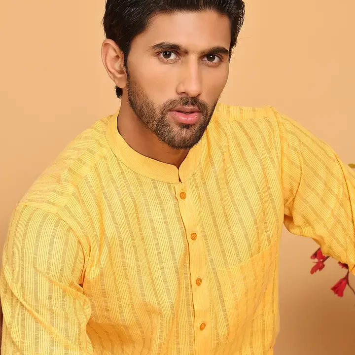 Jompers Striped Mandarin Collar Pure Cotton Straight Kurtas, Yellow