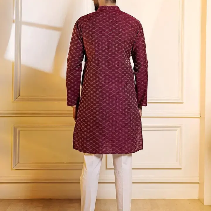 Koshin Geometric Woven Design Mandarin Collar Kurta, Purple