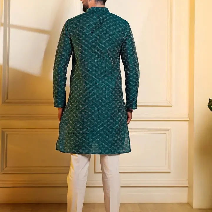 Koshin Geometric Embroidered Mandarin Collar Thread Work Straight Kurta, Teal