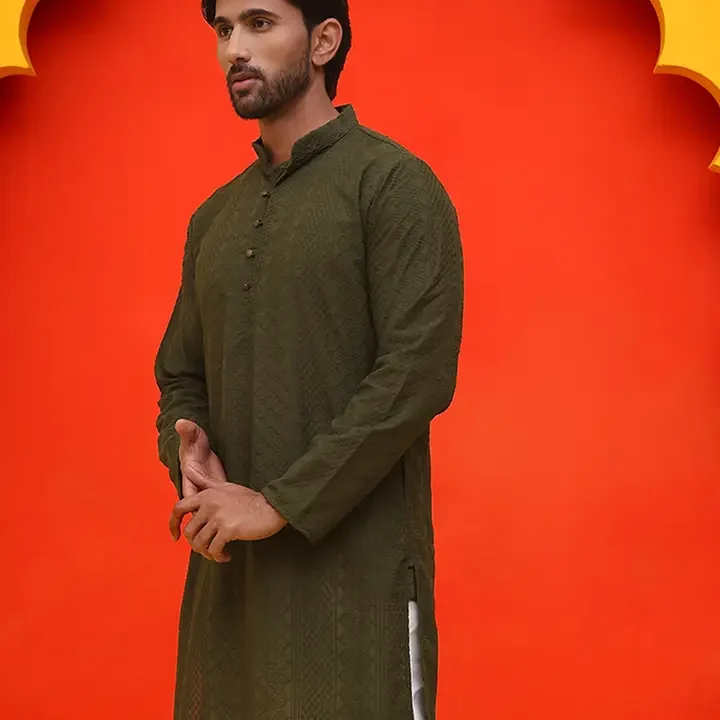Jompers Geometric Embroidered Mandarin Collar Chikankari Pure Cotton Straight Kurta, Olive
