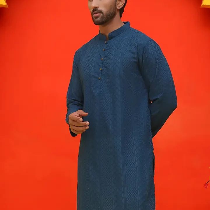 Jompers Geometric Embroidered Mandarin Collar Chikankari Pure Cotton Straight Kurta, Teal