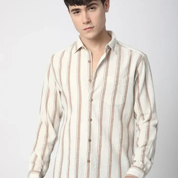 VASTRADO Men Classic Slim Fit Spread Collar Vertical Striped Cotton Casual Shirt, Off White