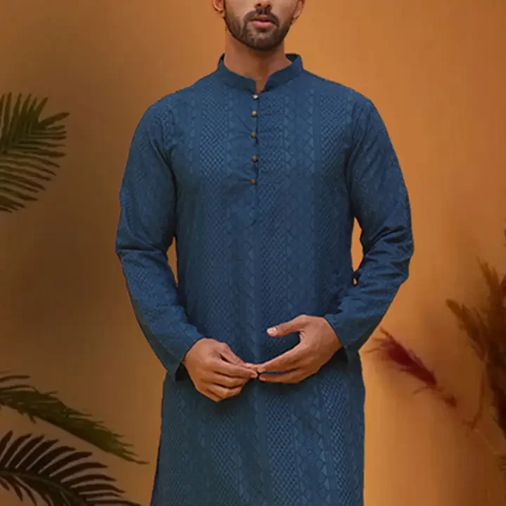 Jompers Men Cotton Embroidered Chikankari Kurta, Teal