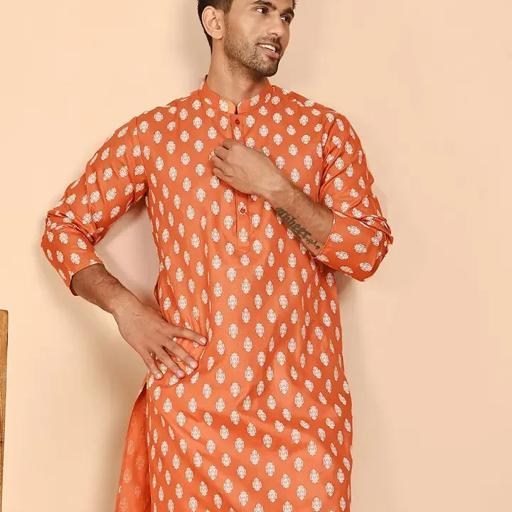 Jompers Men Floral Printed Mandarin Collar Kurta, Orange