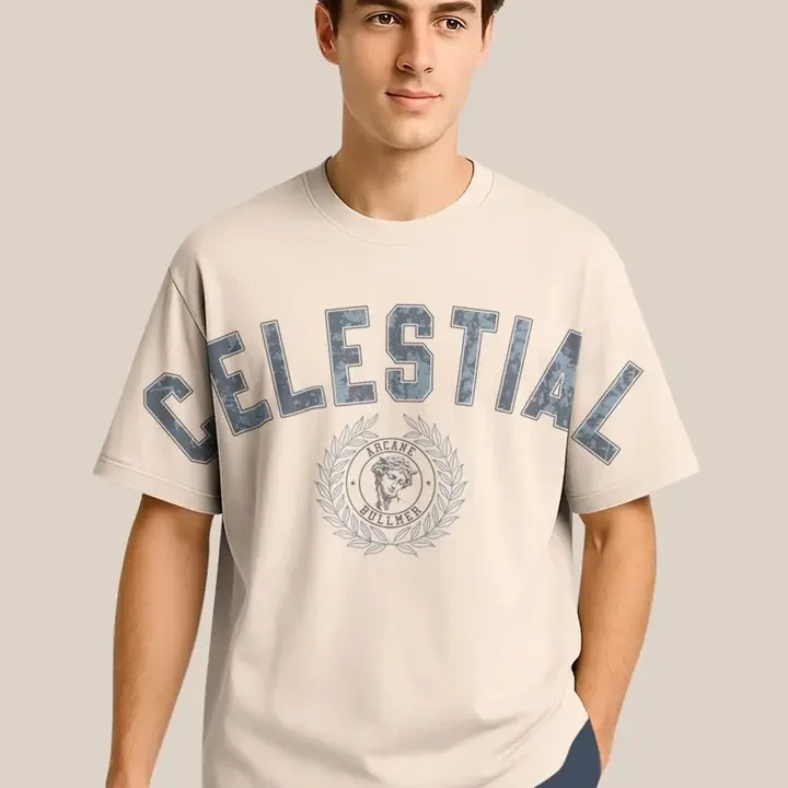 BULLMER Pack Of 2 Typography Printed Crew Neck Drop Shoulder Oversized T-shirts, Beige