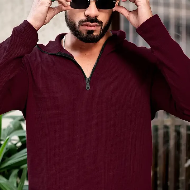 Kasendra Men Solid Henley Neck Cotton T-shirt, Maroon