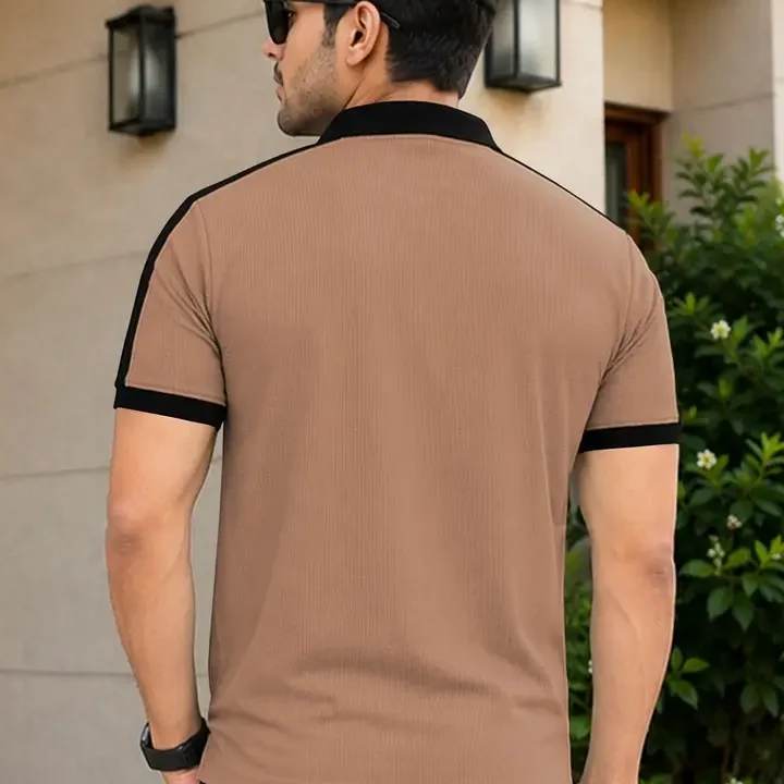 VeBNoR Self Design Colourblocked Polo Collar T-Shirt, Brown