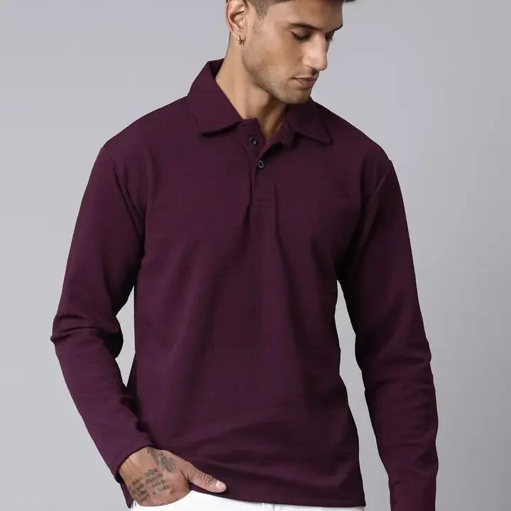 LEWEL Men Textured  Polo Collar T-shirt, Burgundy