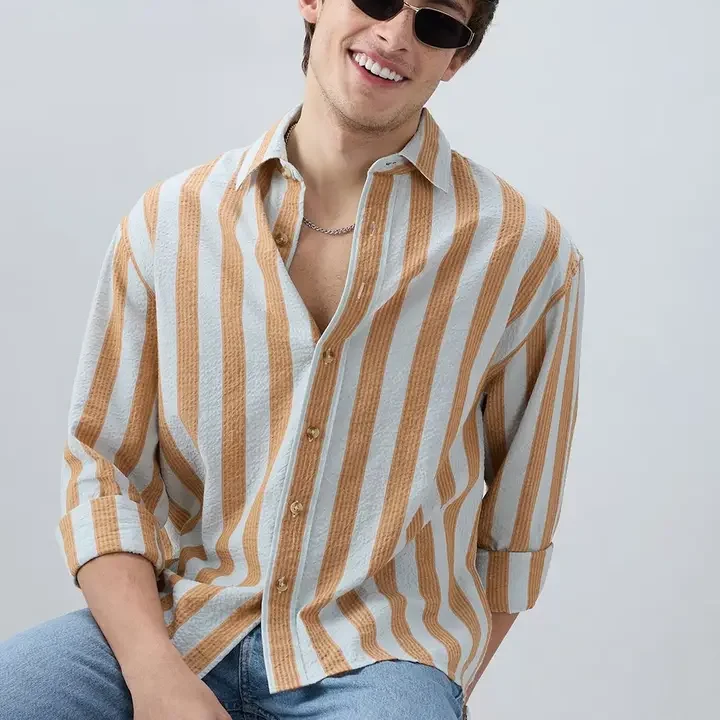 VASTRADO Orange & Blue Seersucker Awning Stripe Boxy Fit Crop Shirt