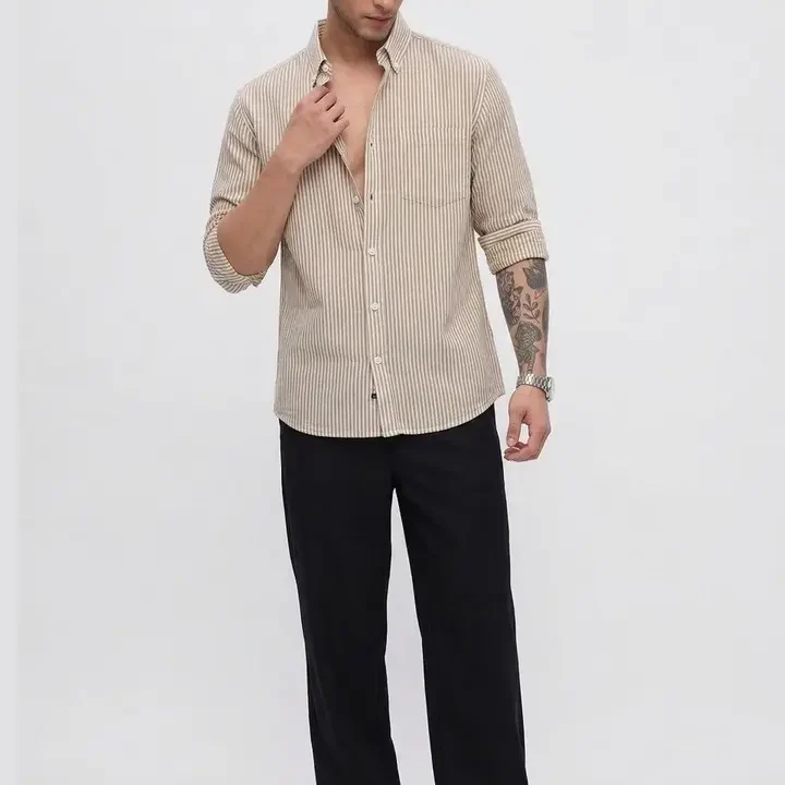 OQUENT Men Standard Striped Casual Shirt, Coffee Brown